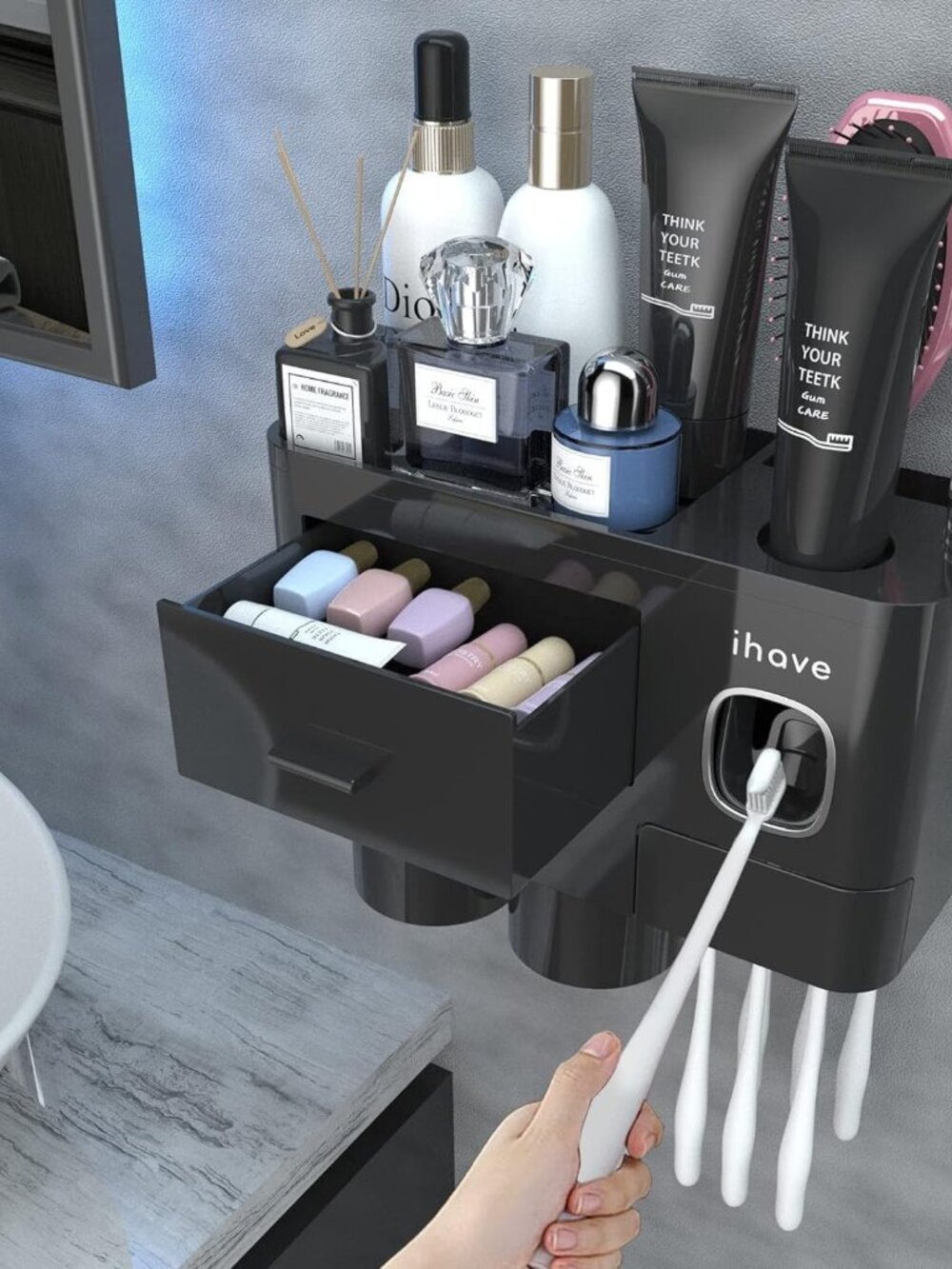 Ihave Toothbrush Holders Wall Mounted with Toothpaste Dispenser & 2 Cups - Black